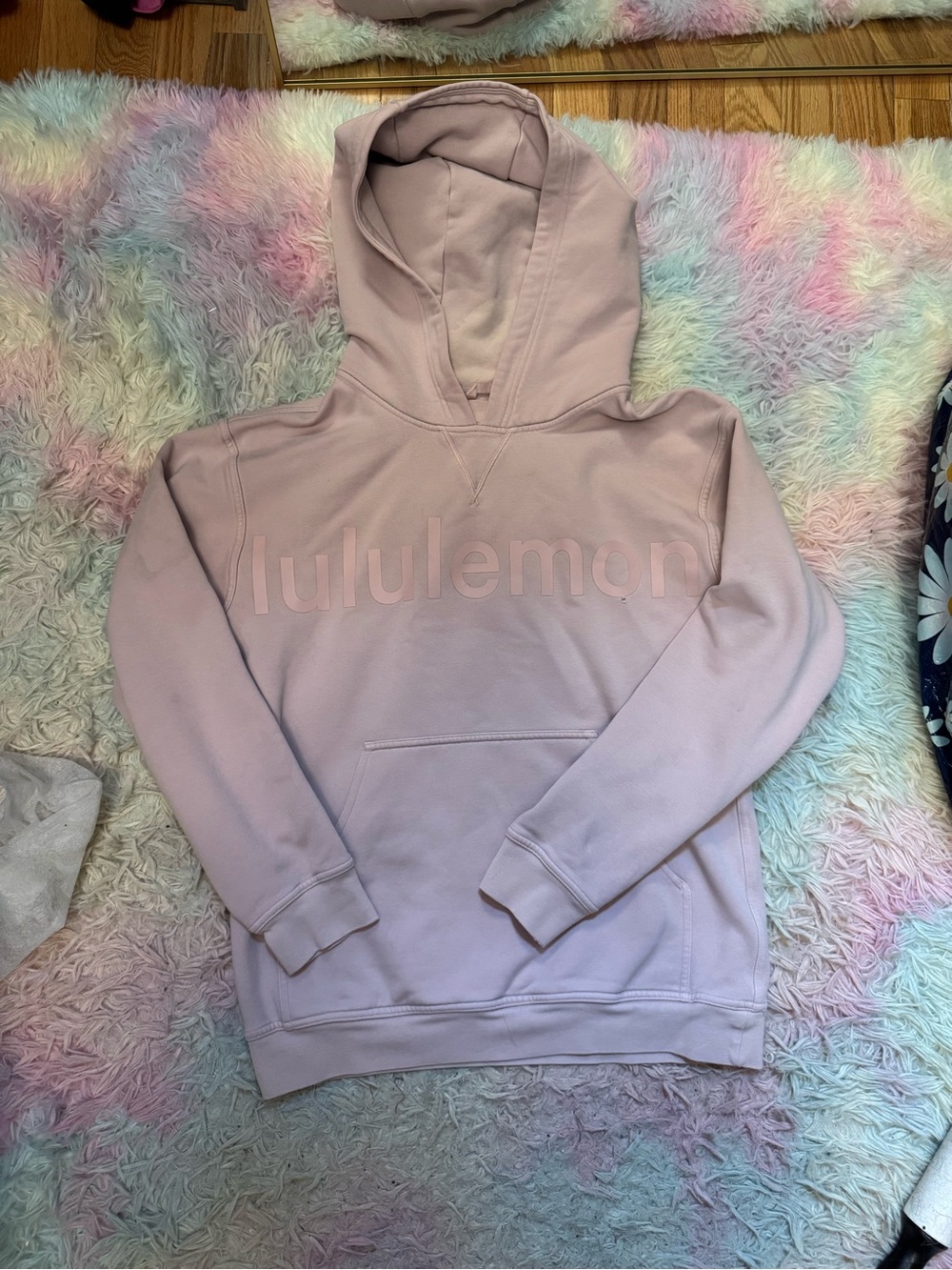 Pink Lululemon Spellout logo hoodie size 10 with flaws
